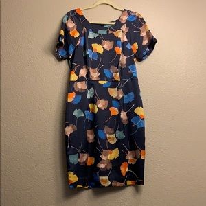 Navy floral print sateen dress